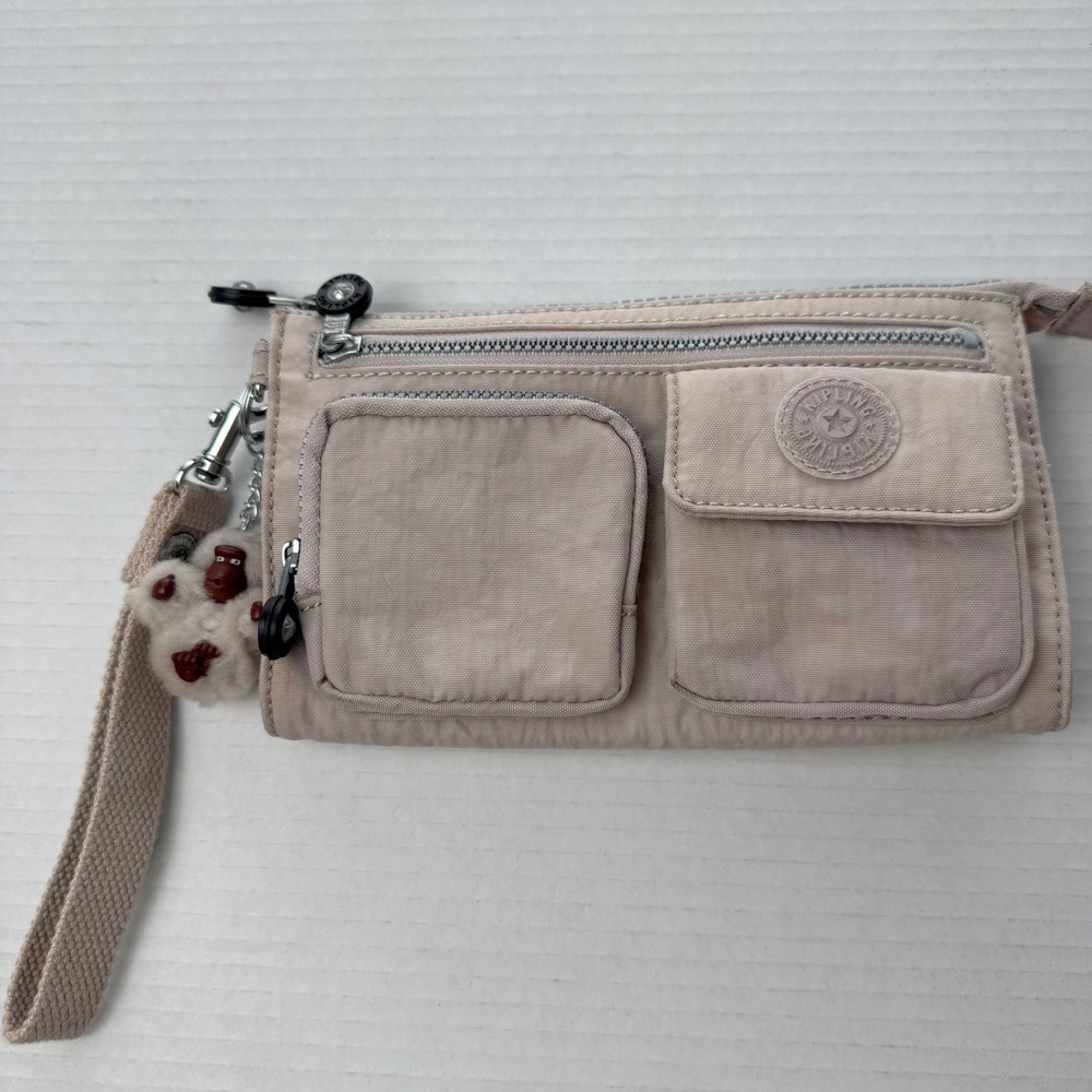 Kipling Beige Crinkle Nylon Wristlet Wallet with Monkey Keychain Charm
